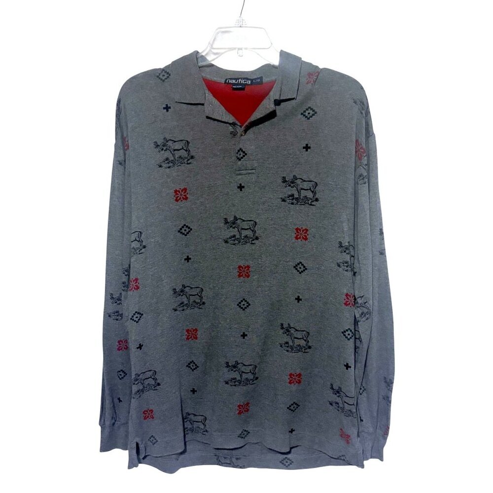 Vintage 90s Nautica Moose Graphic Print Polo Shirt L Long Sleeves AOP Nordic